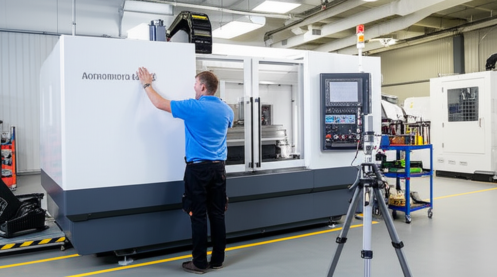 CNC machine calibration using precision measurement tools and alignment equipment
