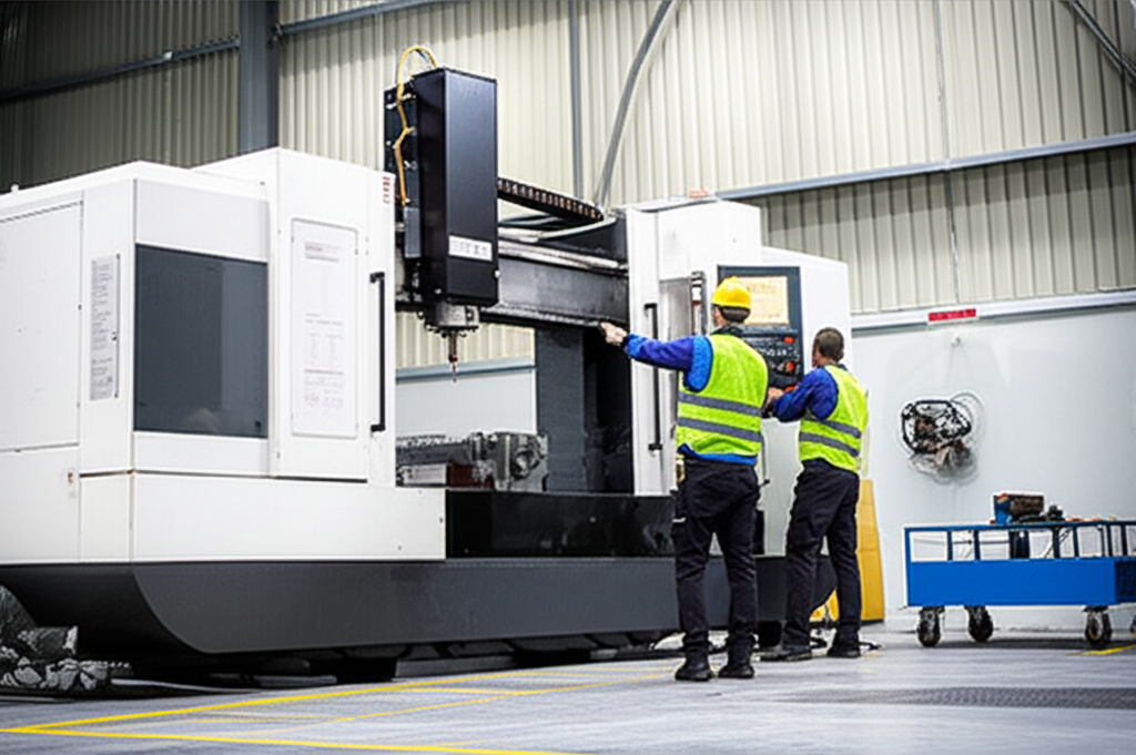 Maz CNC team installing and leveling a new CNC machining center in a manufacturing facility